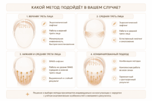 Матрица выбора между эндоскопической подтяжкой и SMAS-лифтингом по зонам и сценариям