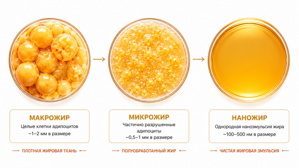 Три фракции жирового трансплантата: макрофэт, микрофэт и нанофэт — от крупных частиц к однородной эмульсии
