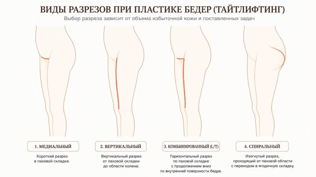 Четыре типа доступа при феморопластике: медиальный, вертикальный, комбинированный и спиральный